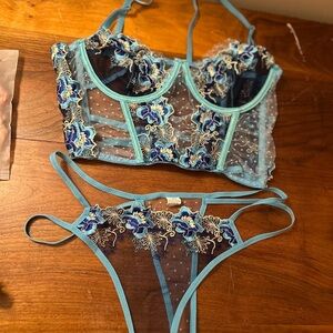 Blue and Gold Floral Lingerie Set